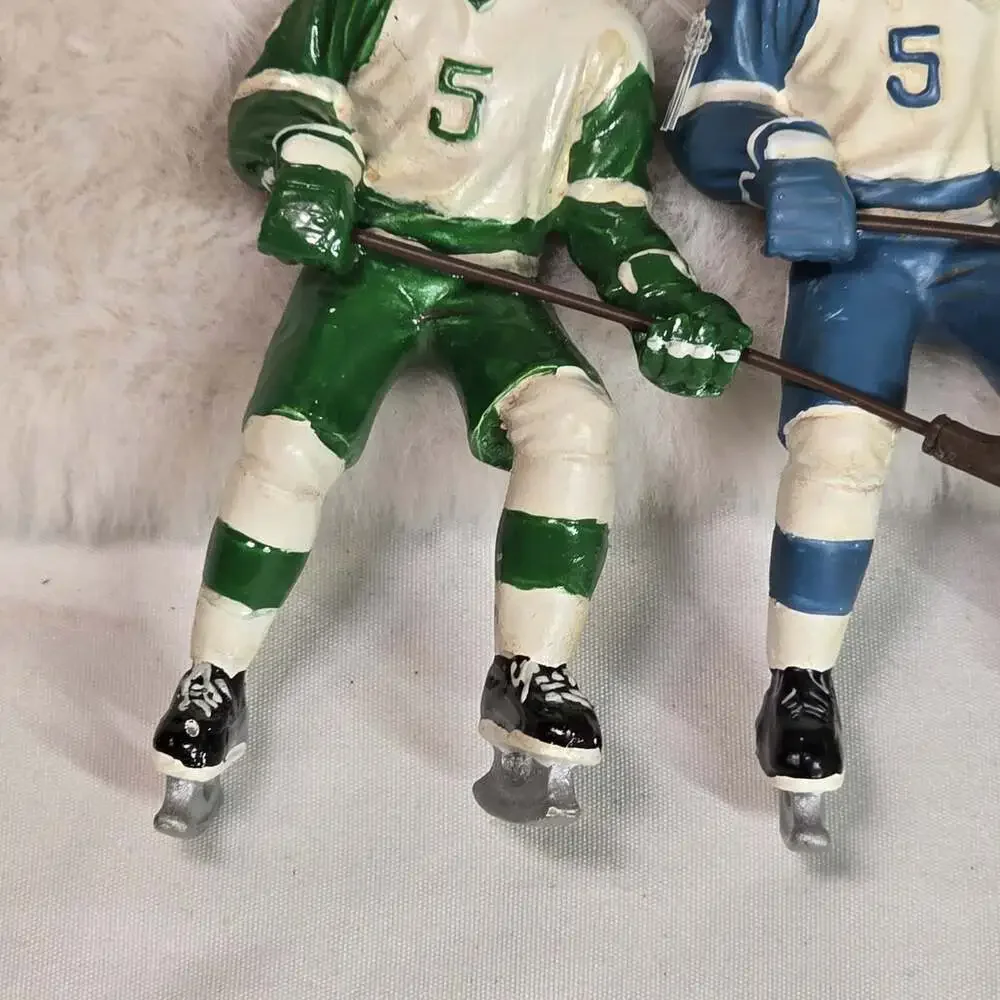 Lot of 3 Vintage Hockey Player Ornaments – Green & Blue Uniforms #5 Resin Figure